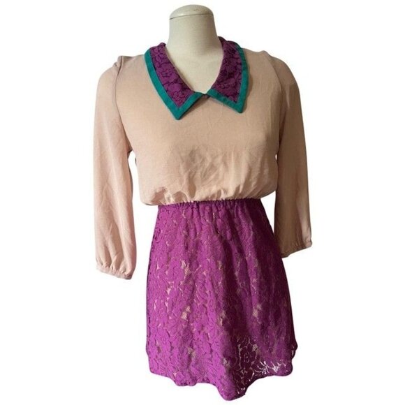 Flying Tomato Sheer Lacy Sz Medium Mini Dress Beige & Purple 3/4 Sleeve - Picture 1 of 6